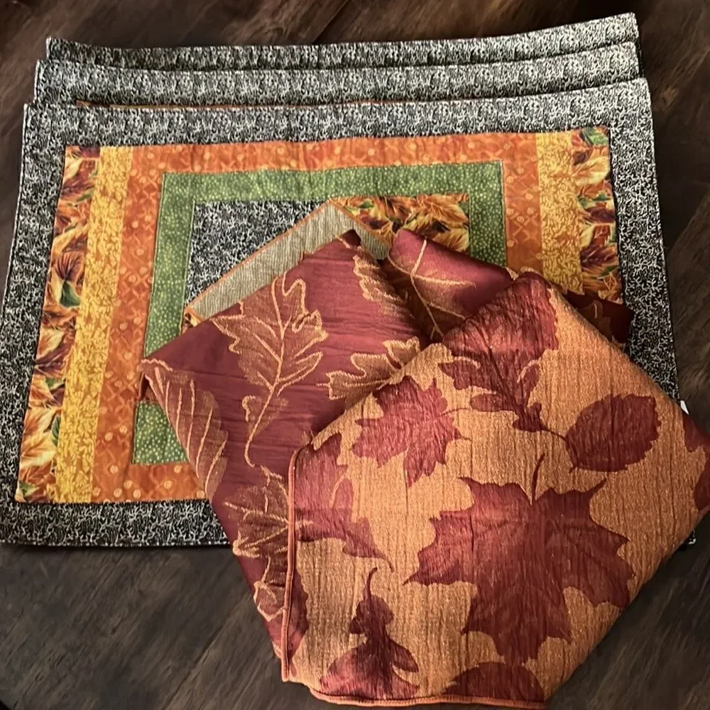 Autumnal Set of 3 Leaf Reversible Quilted Placemats and (3) Napkin Mismatch Set